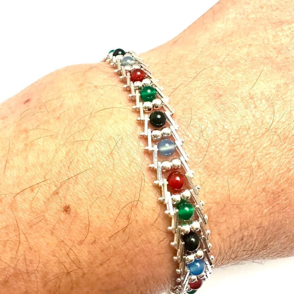 Designer Milor 925 Sterling Silver Riccio Rolling Mixed Glass Bead Bracelet Vtg